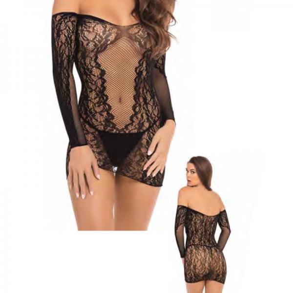Demure Long Sleeve Mini Dress Black by Rene Rofe